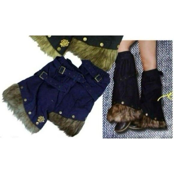 Vintage Y2K Denim Leg Warmers with Faux Fur Trim Rare Harajuku Kawaii Streetwear - Picture 2 of 12